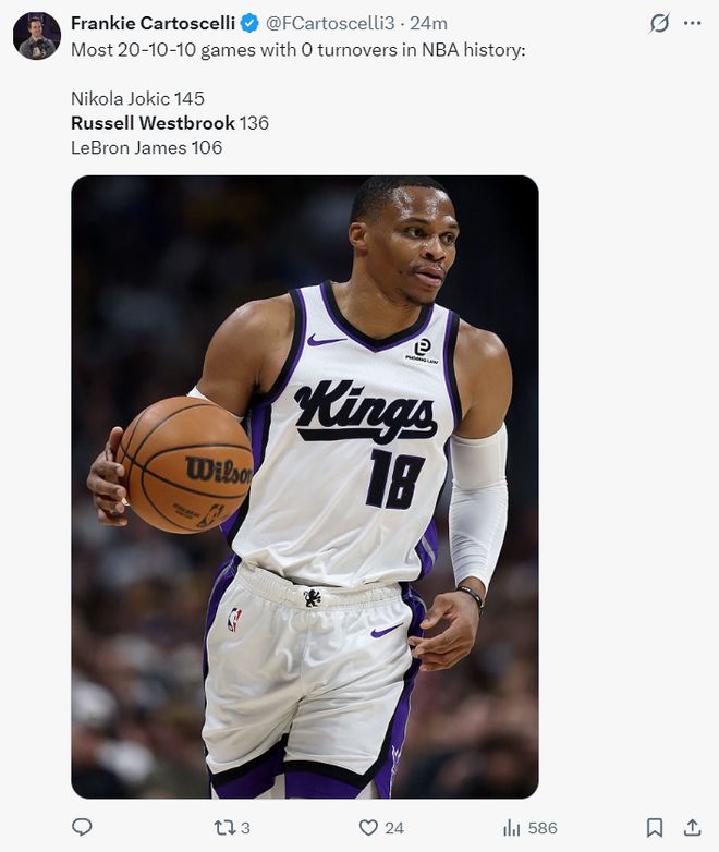 37岁威少狂砍三双创历史纪录 两队摆烂赛成里程